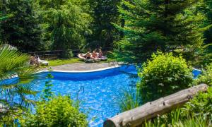 a swimming pool with people sitting around in a garden at Camping Bedura Park in Era Bordeta +22 photos