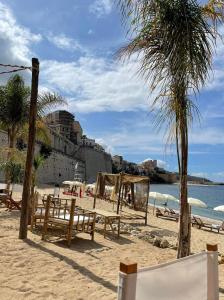 a beach with benches and a palm tree and the ocean at Home holiday Kalanto in Castellammare del Golfo