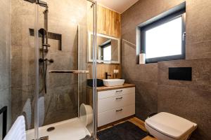 a bathroom with a shower and a toilet and a sink at Domek u Chmielaków-Huba z widokiem na Jezioro Czorsztyńskie Tatry Balia in Huba +38 photos
