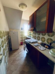 a kitchen with a counter and a refrigerator at Villa Lucia in Sabaudia +6 photos