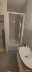 een badkamer met een witte wastafel en een douche bij Posolica in Ražanac