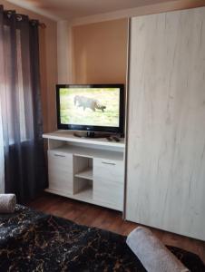 salon z telewizorem na stojaku w obiekcie Hostel Texas w mieście Suwałki