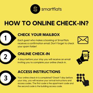 a poster explaining how to online check in at Smartflats - Bourse Brussels in Brussels