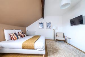 a bedroom with a large bed and a tv at Studio confortable Anciennes écuries réhabilitée in Issy-les-Moulineaux