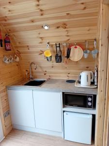 a small kitchen with a sink and a microwave at Fat Pete's Pod in Norwich