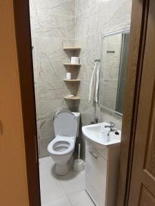 a bathroom with a toilet and a sink and a mirror at VT6 House & Restaurant in Znojmo +41 photos