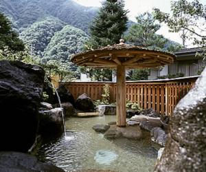 un jardín con una sombrilla de madera y un estanque en Nakadaya, en Takayama