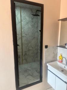 a bathroom with a glass shower with a sink at ESER PALAS OTELİ in Konya