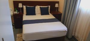 a bedroom with a large bed with blue pillows at Thokgamo Bed and Breakfast in Kanye