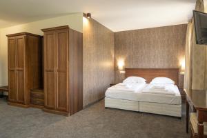 a bedroom with a large bed and wooden cabinets at Hotel Domenic FREE PARKING in Plovdiv +42 photos