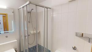 a shower with a glass door in a bathroom at Ort Lemkenhafen "Westwind" in Westfehmarn +24 photos