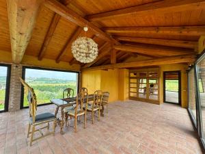 a dining room with a table and chairs and a chandelier at Glass Apartment Tenuta il Galletto in Casale Monferrato