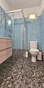 a bathroom with a toilet and a glass shower at Villa Dimitra in Agios Dimitrios