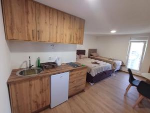 a kitchen with a sink and a bed in a room at Apartmani Marinee in Donja Jošica