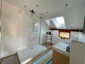 a bathroom with a shower and a tub and a sink at Chiemsee Living in Chieming