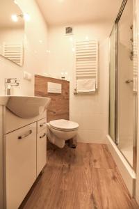 a bathroom with a toilet and a sink and a shower at VillaGiewont in Kościelisko +28 photos