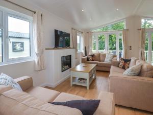 a living room with two couches and a fireplace at 43 The Maples in St Austell