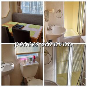 three pictures of a bathroom with a toilet and a sink at Peaces caravan 8 berth on coral beach in Ingoldmells
