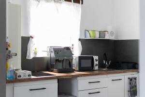 a kitchen counter with a coffee maker and a microwave at Aranyos vendégház in Cristuru Secuiesc