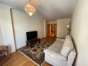 Una sala de estar con un sofá y un televisor de pantalla plana. en Apartamento en Ribeira a 200m de la playa, en Ribeira