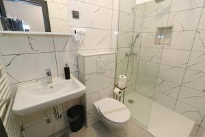 a bathroom with a toilet and a sink and a shower at Pansion Comfort Sidro in Novalja