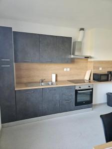 - une cuisine avec des placards gris, un évier et une cuisinière dans l'établissement Apartments Zalar Bled, à Bled 9 autres photos
