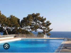 a swimming pool with a view of the ocean at Au 526 sur mer in Bandol