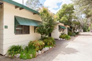 
a green and white building with a tree at Beechworth Holiday Park in Beechworth

