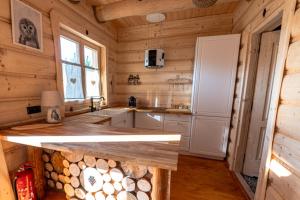 a kitchen with wooden walls and a counter in a cabin at Pod Kogutem i Sową - Bio Wioska z domkami Premium w góralskim stylu dla dorosłych in Postołowo