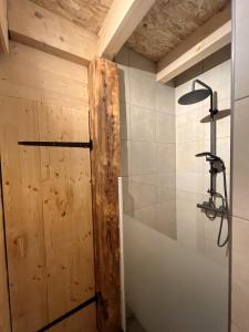a shower with a wooden door in a bathroom at L'Ostal in Les Combes +16 photos