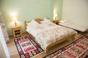 a bedroom with two beds and two rugs at Pensiunea Floare De Colt in Poiana Galdei
