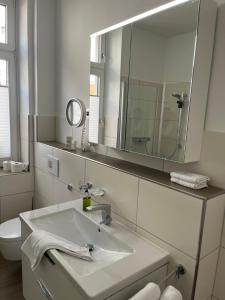 a bathroom with a sink and a mirror and a toilet at Apartment Van Eß Hof - Altstadt Warburg in Warburg +34 photos