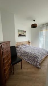 1 dormitorio con cama, silla y vestidor en Appartement 15 min Paris Gare du Nord, en Deuil-la-Barre