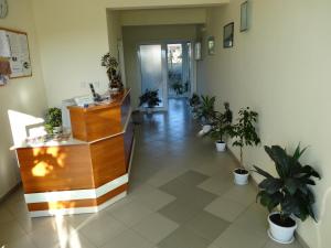 an office lobby with potted plants and a reception desk at Guesthouse Kamelia in Ahtopol