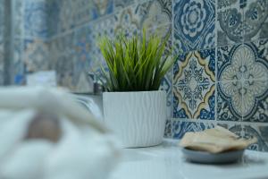 a plant in a white vase next to a plate of food at La MaGia Relax in Salerno