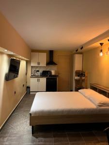 a large bedroom with a bed and a kitchen at evexia apartment in Kavala