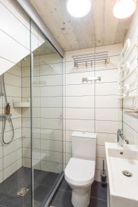 ein Badezimmer mit Toilette und Glasdusche in der Unterkunft Pajūrio namelis FAMILY BEACH HOUSE su baseinu in Palanga