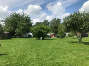 a field with trees and tents in the background at Komfort-Caravan mit Vorzelt in Loitz