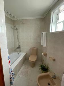 a bathroom with a toilet and a tub and a sink at Lar da Amarella in Ribeira +32 photos