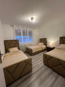 una camera da letto con due letti e una finestra di Maison 8 personnes a Faches-Thumesnil
