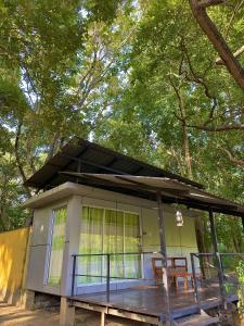 a small house with a porch in the woods at Birds Paradise Inn in Udawalawe