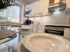 Una cocina con una mesa de cristal con fregadero. en FeWo Küstenglück - Wilhelmshaven, en Wilhelmshaven