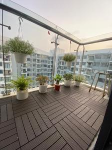 a balcony with potted plants on top of a building at Homestay Huế ơi 2 in Thôn Văn Dương