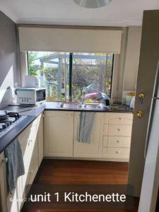 班伯里Bunbury's Most Convenient Location的带水槽、炉灶和窗户的厨房