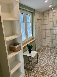 ein Bad mit einer Dusche und einem Tisch mit einer Topfpflanze in der Unterkunft Villa Collina, freistehendes Haus mit Garten und Seezugang in Scheid