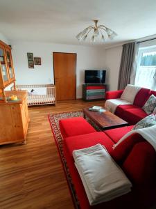 a living room with a red couch and a table at Böhmerwald fun in Schwarzenberg am Bohmerwald
