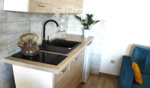 a kitchen with a sink with a kettle on it at Bursztynowe Zacisze Domek 1 Chłopy ul Turystyczna 6 in Chłopy +12 photos