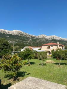 a yard with trees and a house and a mountain at Milmar in Draga Bašćanska