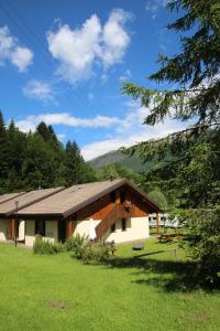 a house with a green field in front of it at Chalet Presanella in Temù