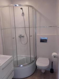 a white bathroom with a shower and a toilet at Apartamenty Ustka Pod Wiosłem in Ustka